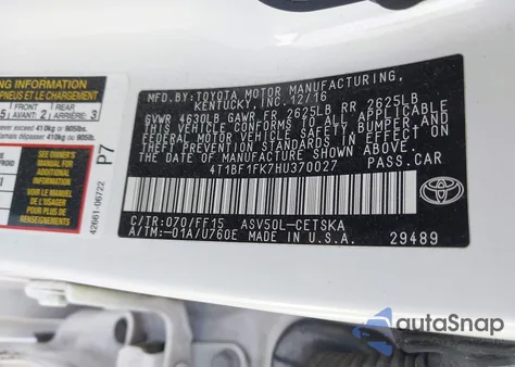 2017 Toyota Camry Se из США, поврежденный, VIN 4T1BF1FK7HU370027